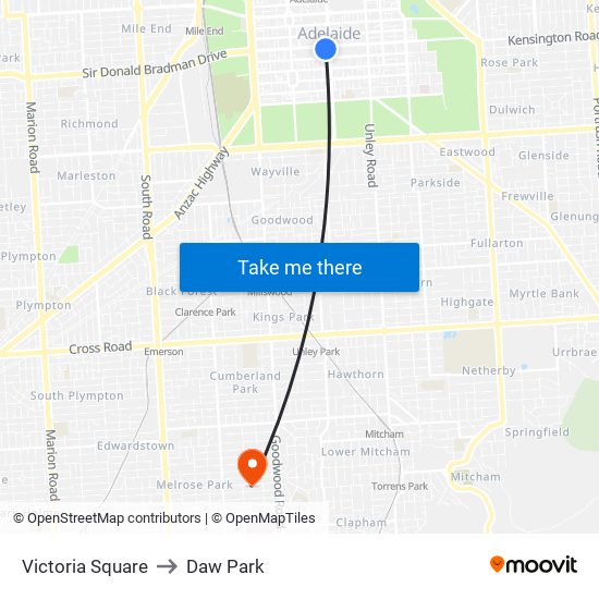 Victoria Square to Daw Park map