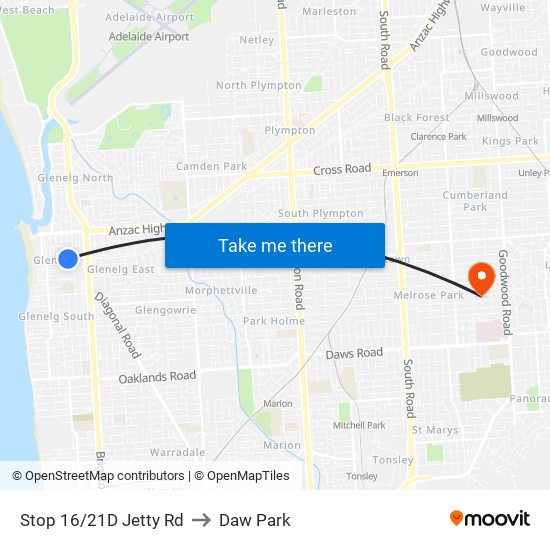 Stop 16/21D Jetty Rd to Daw Park map