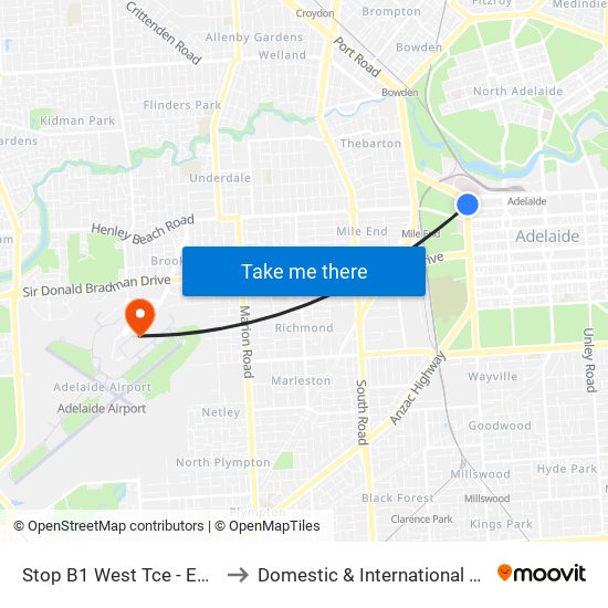 Stop B1 West Tce - East side to Domestic & International Terminal map