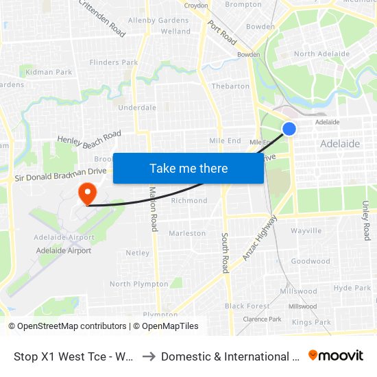 Stop X1 West Tce - West side to Domestic & International Terminal map