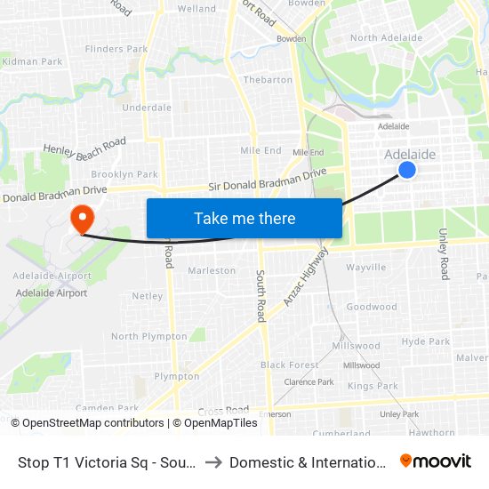 Stop T1 Victoria Sq - South West side to Domestic & International Terminal map