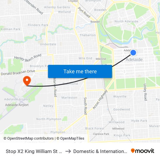 Stop X2 King William St - West side to Domestic & International Terminal map