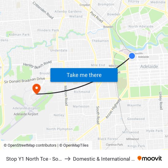 Stop Y1 North Tce - South side to Domestic & International Terminal map