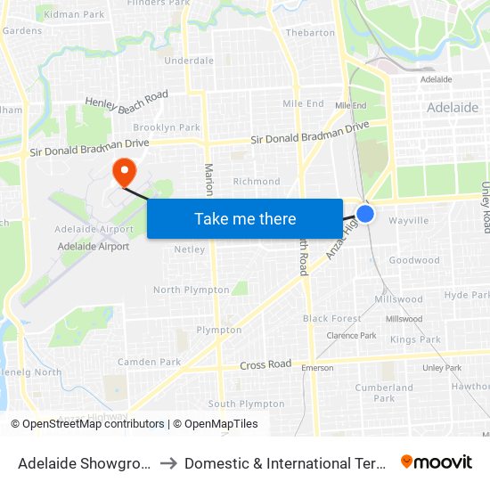 Adelaide Showground to Domestic & International Terminal map