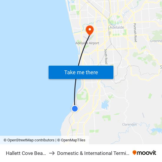 Hallett Cove Beach to Domestic & International Terminal map