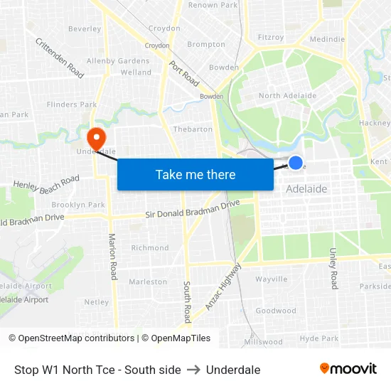 Stop W1 North Tce - South side to Underdale map