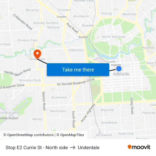 Stop E2 Currie St - North side to Underdale map