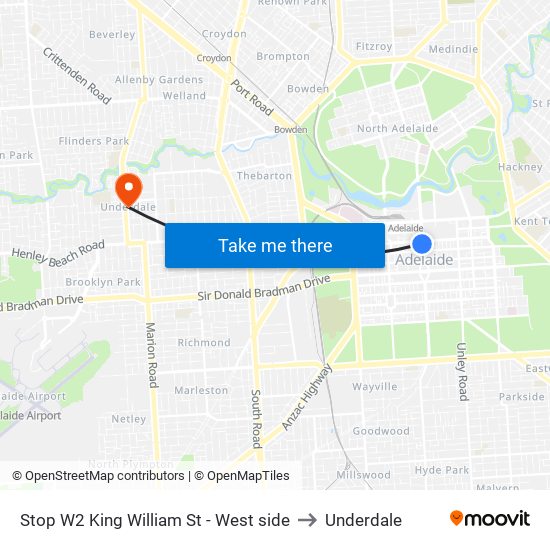 Stop W2 King William St - West side to Underdale map