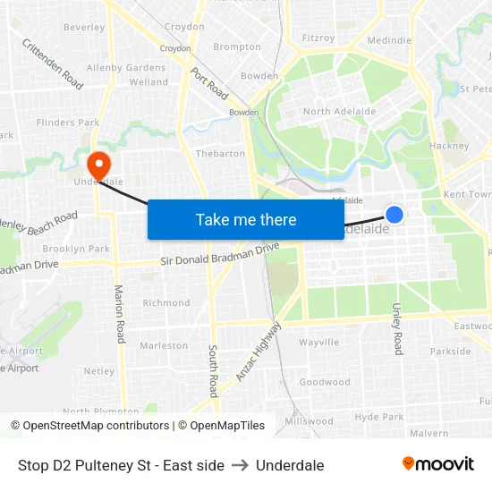 Stop D2 Pulteney St - East side to Underdale map