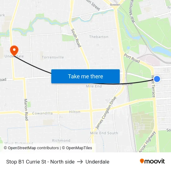 Stop B1 Currie St - North side to Underdale map