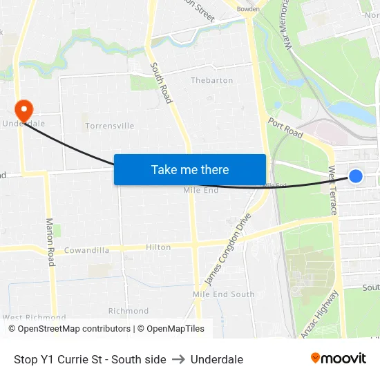 Stop Y1 Currie St - South side to Underdale map