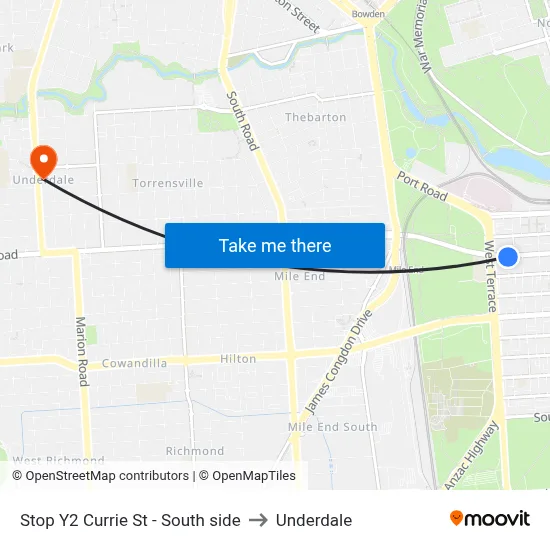 Stop Y2 Currie St - South side to Underdale map