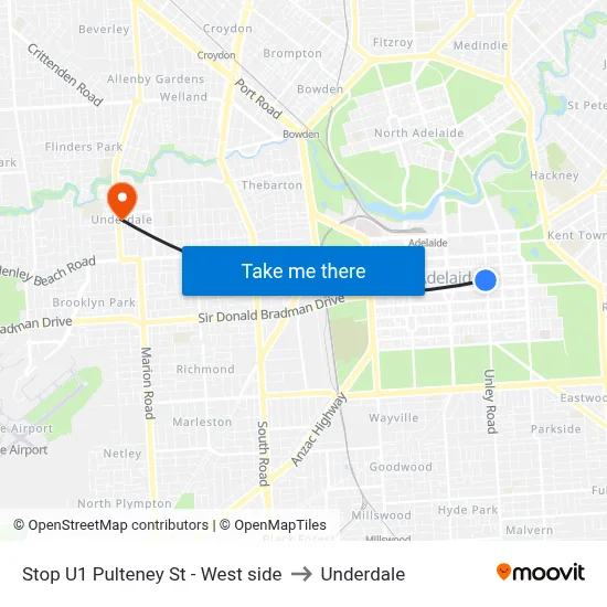Stop U1 Pulteney St - West side to Underdale map