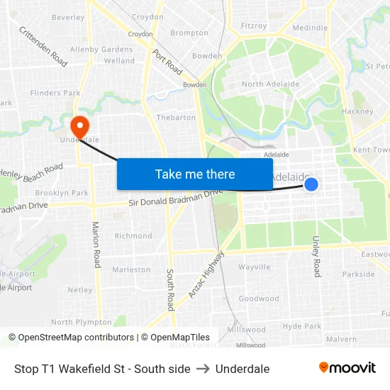 Stop T1 Wakefield St - South side to Underdale map