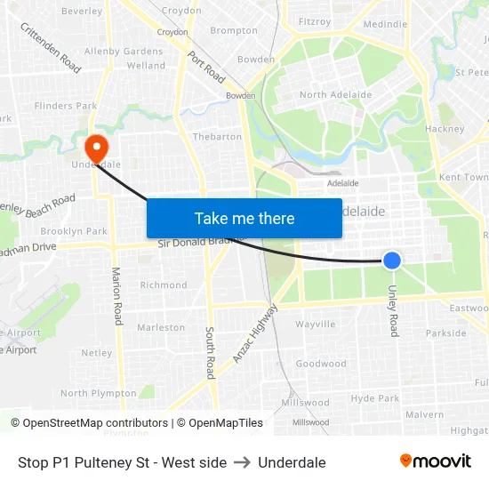 Stop P1 Pulteney St - West side to Underdale map