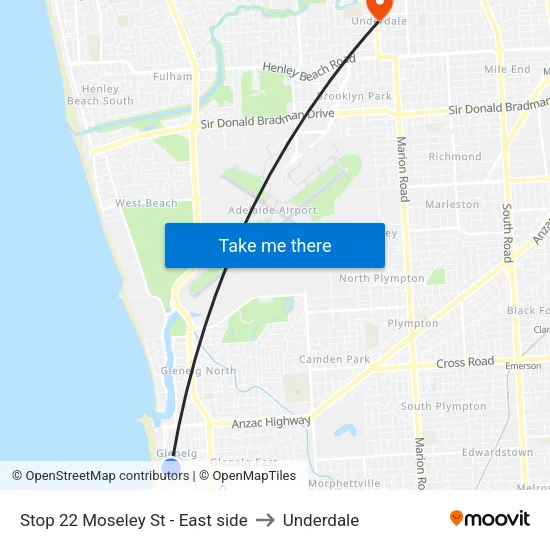 Stop 22 Moseley St - East side to Underdale map
