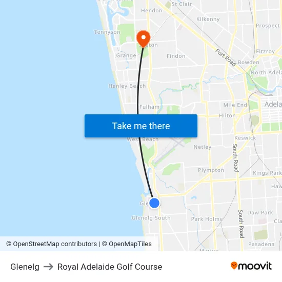 Glenelg to Royal Adelaide Golf Course map