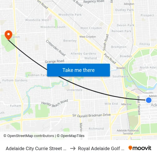 Adelaide City Currie Street Stop W2 to Royal Adelaide Golf Course map