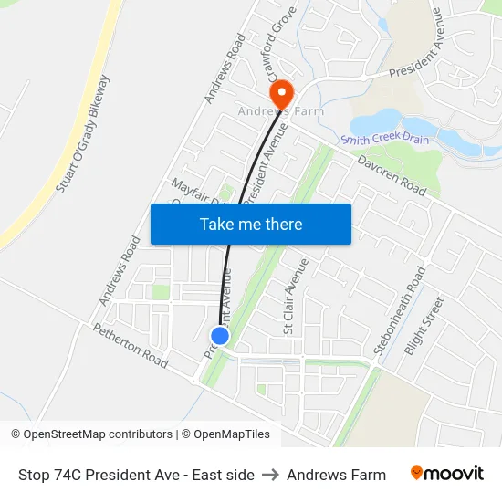 Stop 74C President Ave - East side to Andrews Farm map
