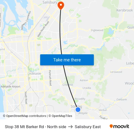 Stop 38 Mt Barker Rd - North side to Salisbury East map