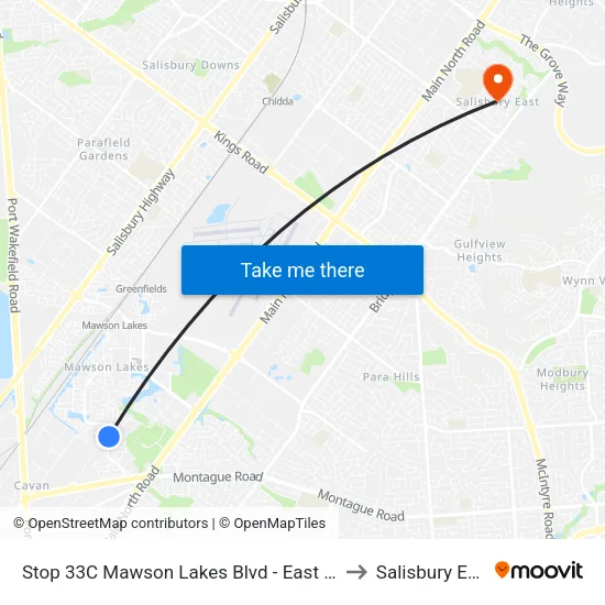 Stop 33C Mawson Lakes Blvd - East side to Salisbury East map