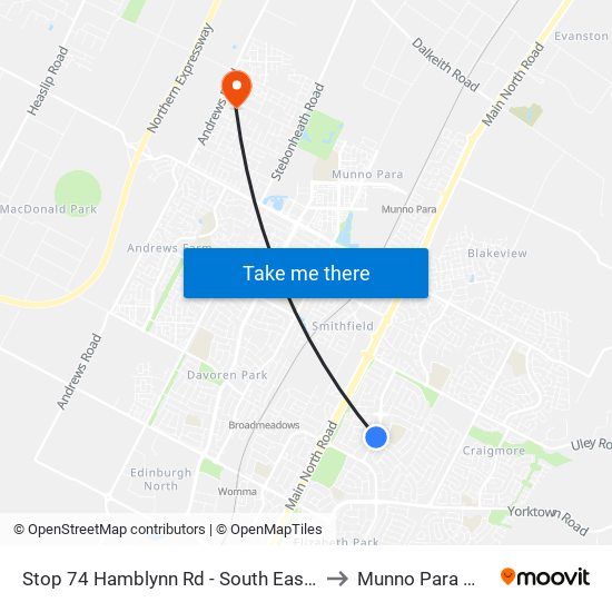 Stop 74 Hamblynn Rd - South East side to Munno Para West map