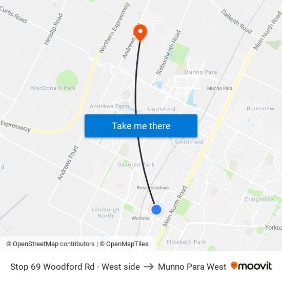 Stop 69 Woodford Rd - West side to Munno Para West map