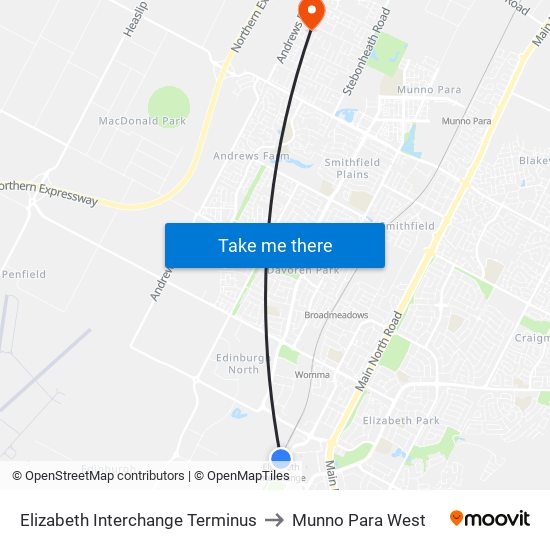 Elizabeth Interchange Terminus to Munno Para West map