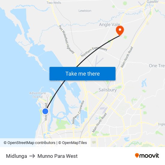 Midlunga to Munno Para West map