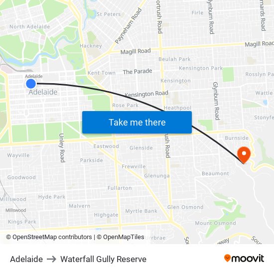 Adelaide to Waterfall Gully Reserve map