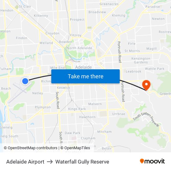 Adelaide Airport to Waterfall Gully Reserve map