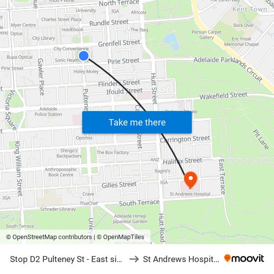 Stop D2 Pulteney St - East side to St Andrews Hospital map