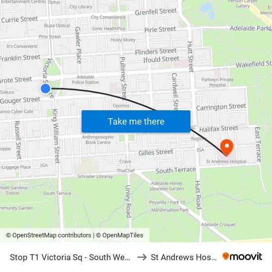 Stop T1 Victoria Sq - South West side to St Andrews Hospital map