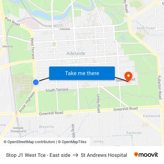 Stop J1 West Tce - East side to St Andrews Hospital map