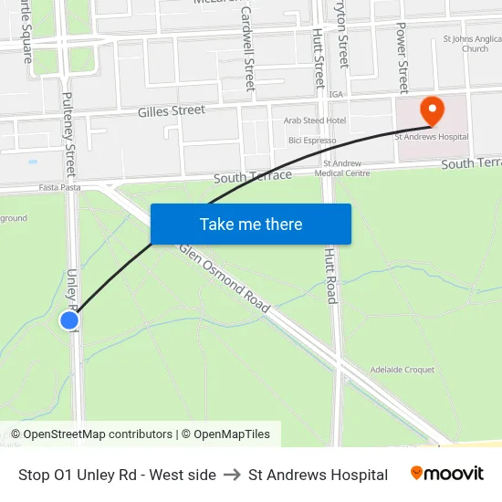 Stop O1 Unley Rd - West side to St Andrews Hospital map