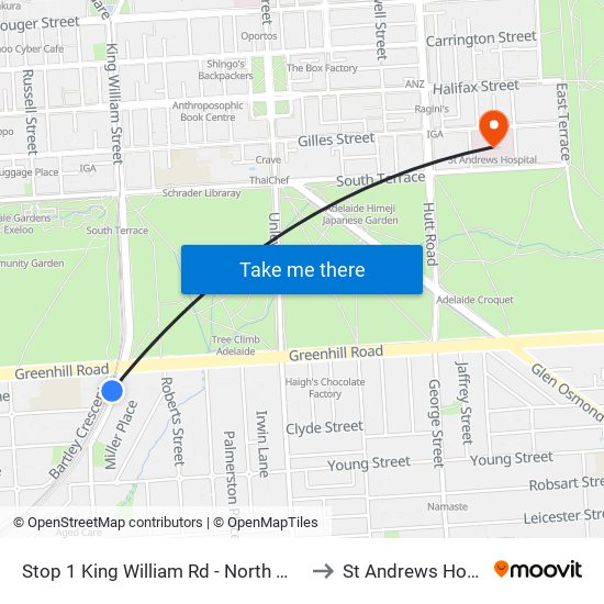 Stop 1 King William Rd - North West side to St Andrews Hospital map