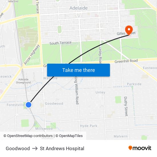 Goodwood to St Andrews Hospital map