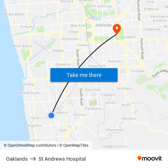 Oaklands to St Andrews Hospital map
