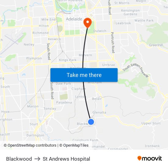 Blackwood to St Andrews Hospital map