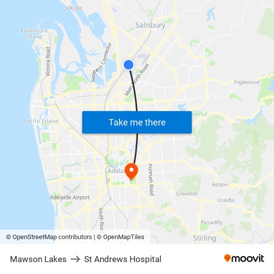 Mawson Lakes to St Andrews Hospital map