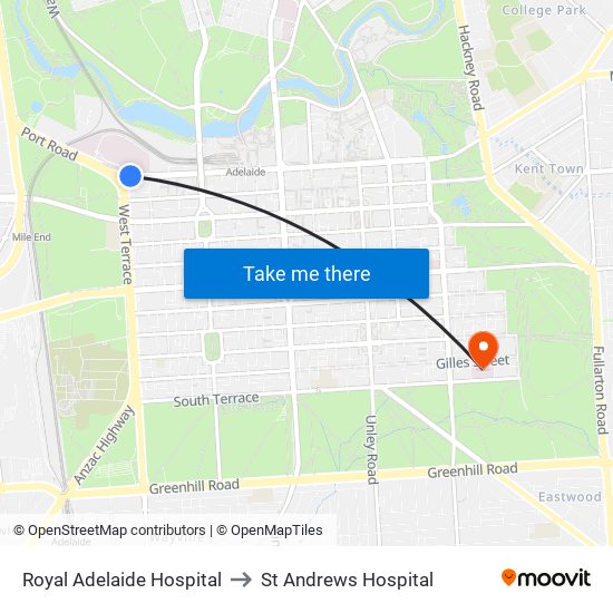 Royal Adelaide Hospital to St Andrews Hospital map