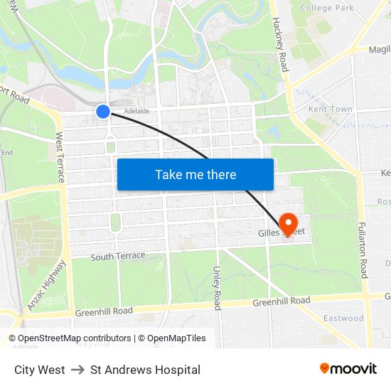 City West to St Andrews Hospital map