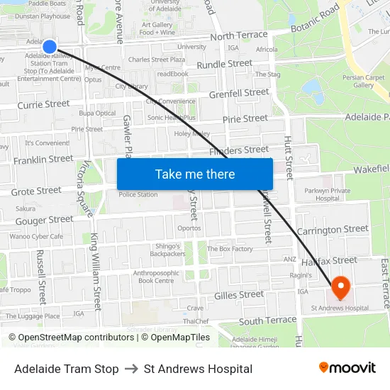 Adelaide Tram Stop to St Andrews Hospital map