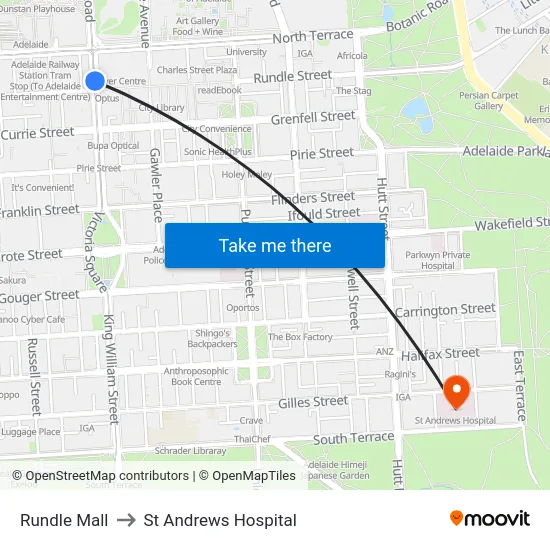 Rundle Mall to St Andrews Hospital map