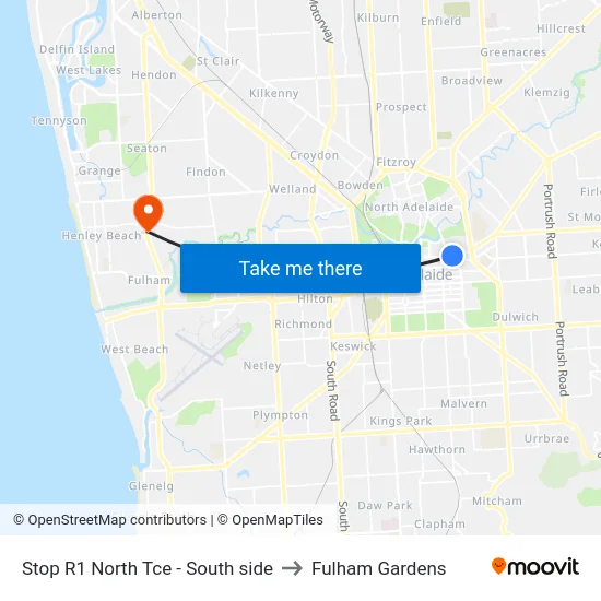 Stop R1 North Tce - South side to Fulham Gardens map