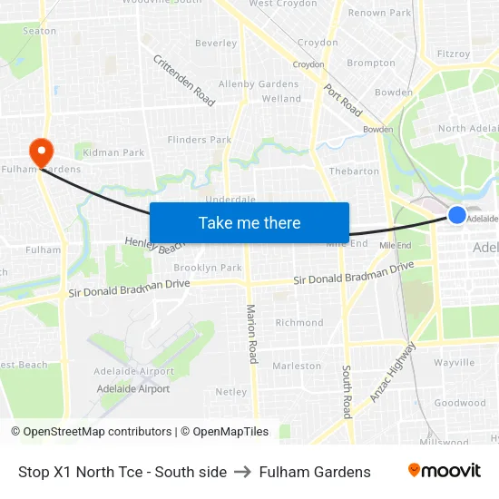 Stop X1 North Tce - South side to Fulham Gardens map