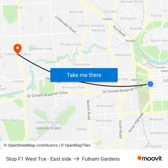 Stop F1 West Tce - East side to Fulham Gardens map
