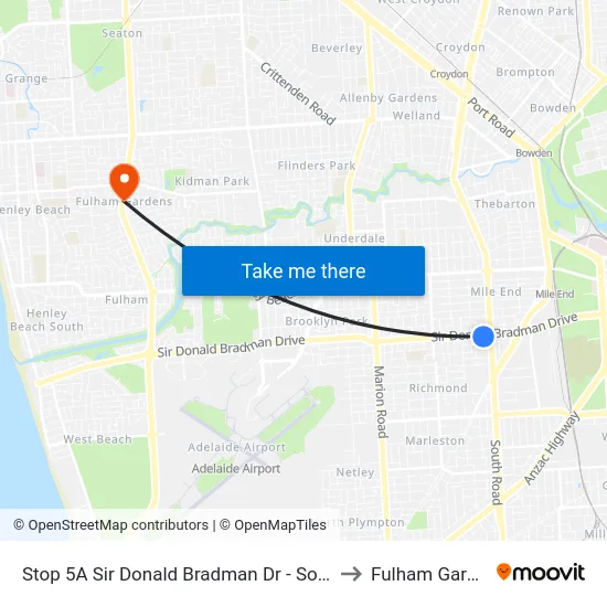 Stop 5A Sir Donald Bradman Dr - South side to Fulham Gardens map