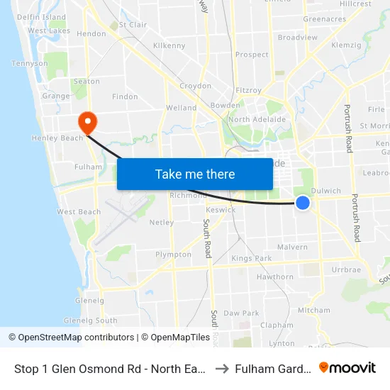 Stop 1 Glen Osmond Rd - North East side to Fulham Gardens map