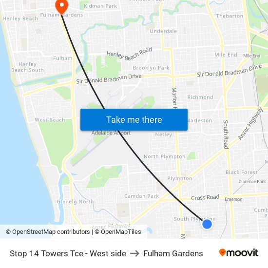 Stop 14 Towers Tce - West side to Fulham Gardens map